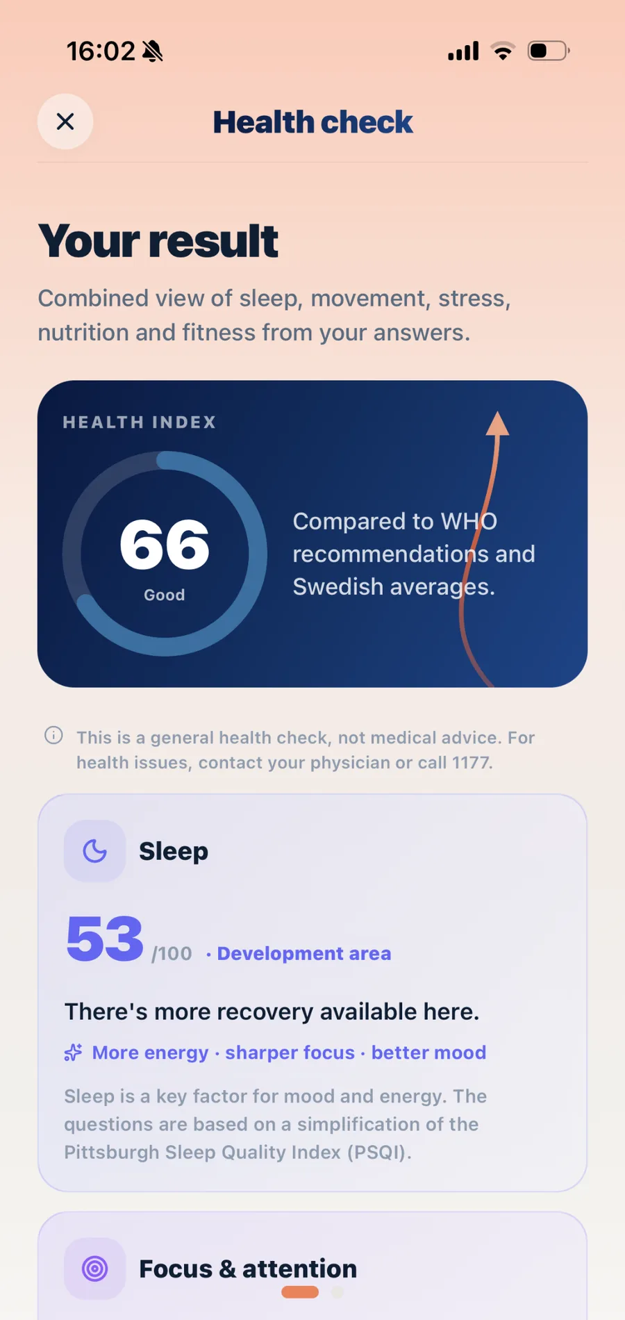 Screen: your result — the health index and your sleep score