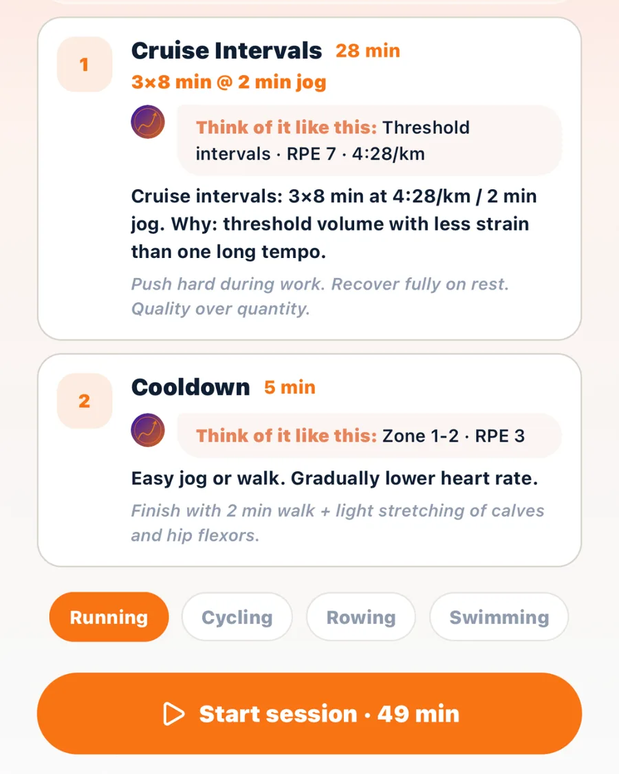 Screen: session detail — warm-up, intervals, cooldown