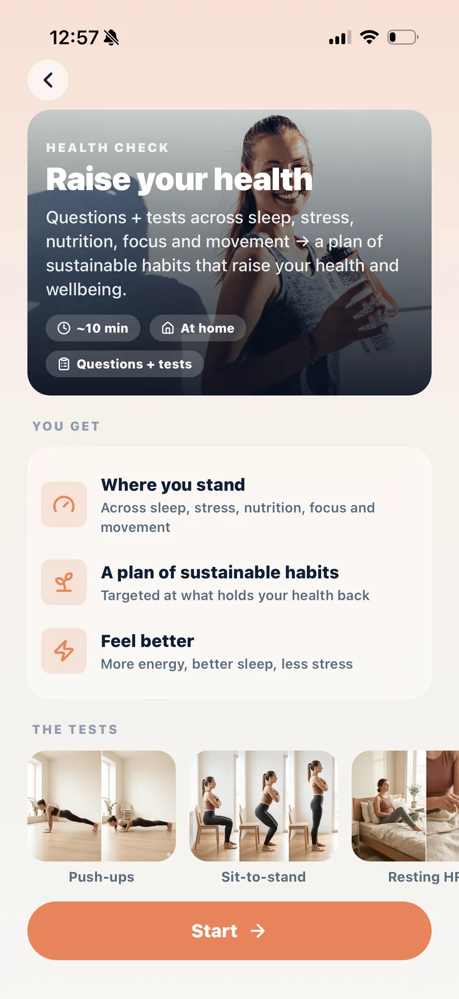 Screen: the health check — about ten minutes, at home, questions plus tests