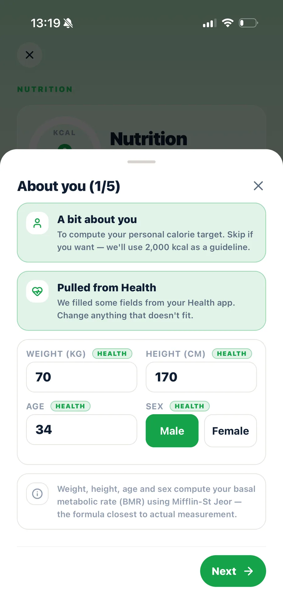 Screen: about you — step one of five, most of it already filled in