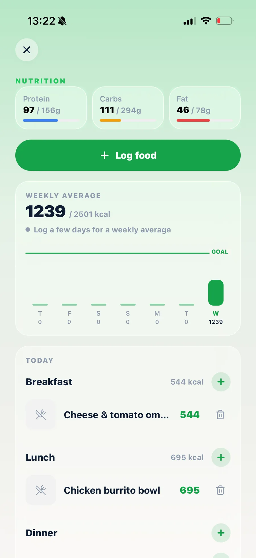 Screen: protein, carbs and fat against today's target, and what you've logged