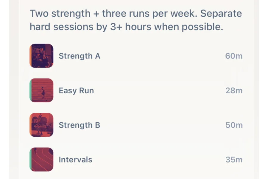 Screen: a longevity week — strength and runs, session by session