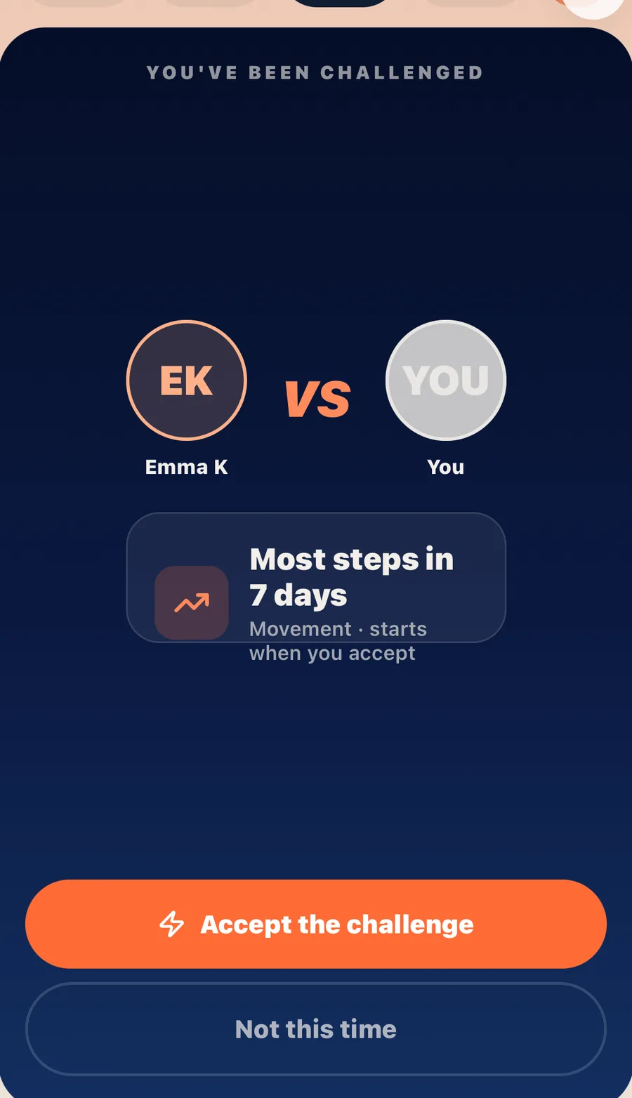 Screen: you've been challenged — Emma K vs you, most steps in 7 days