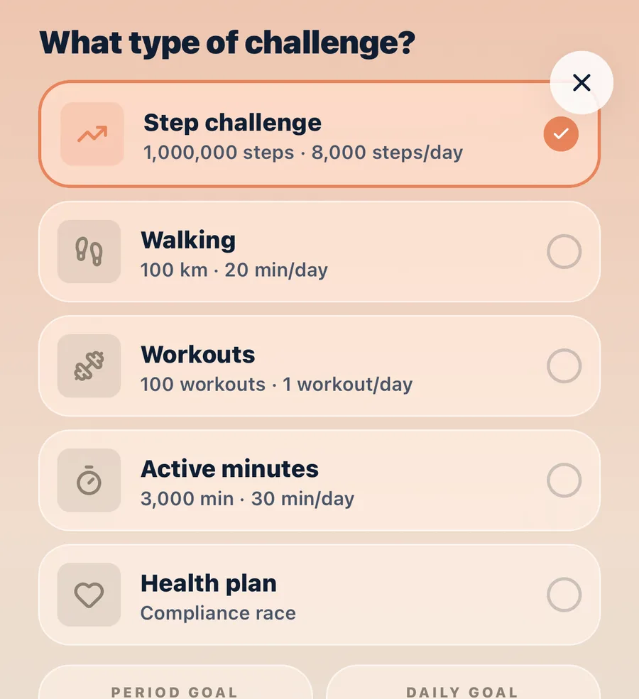 Screen: what type of challenge — steps, walking, workouts, active minutes